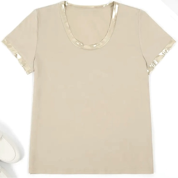 Contrast Trim Crew Neck Tee Golden Light Apricot XXL 14 T-shirt - Picture 2 of 5